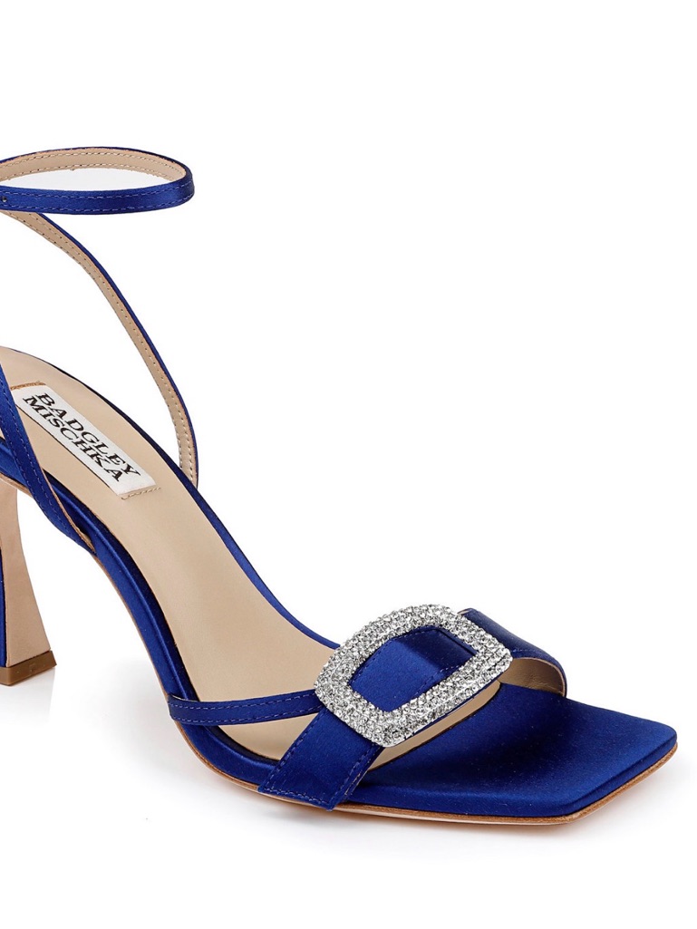 Badgley Mischka Cobalt Satin Ankle-Strap Heels With Crystal Buckle